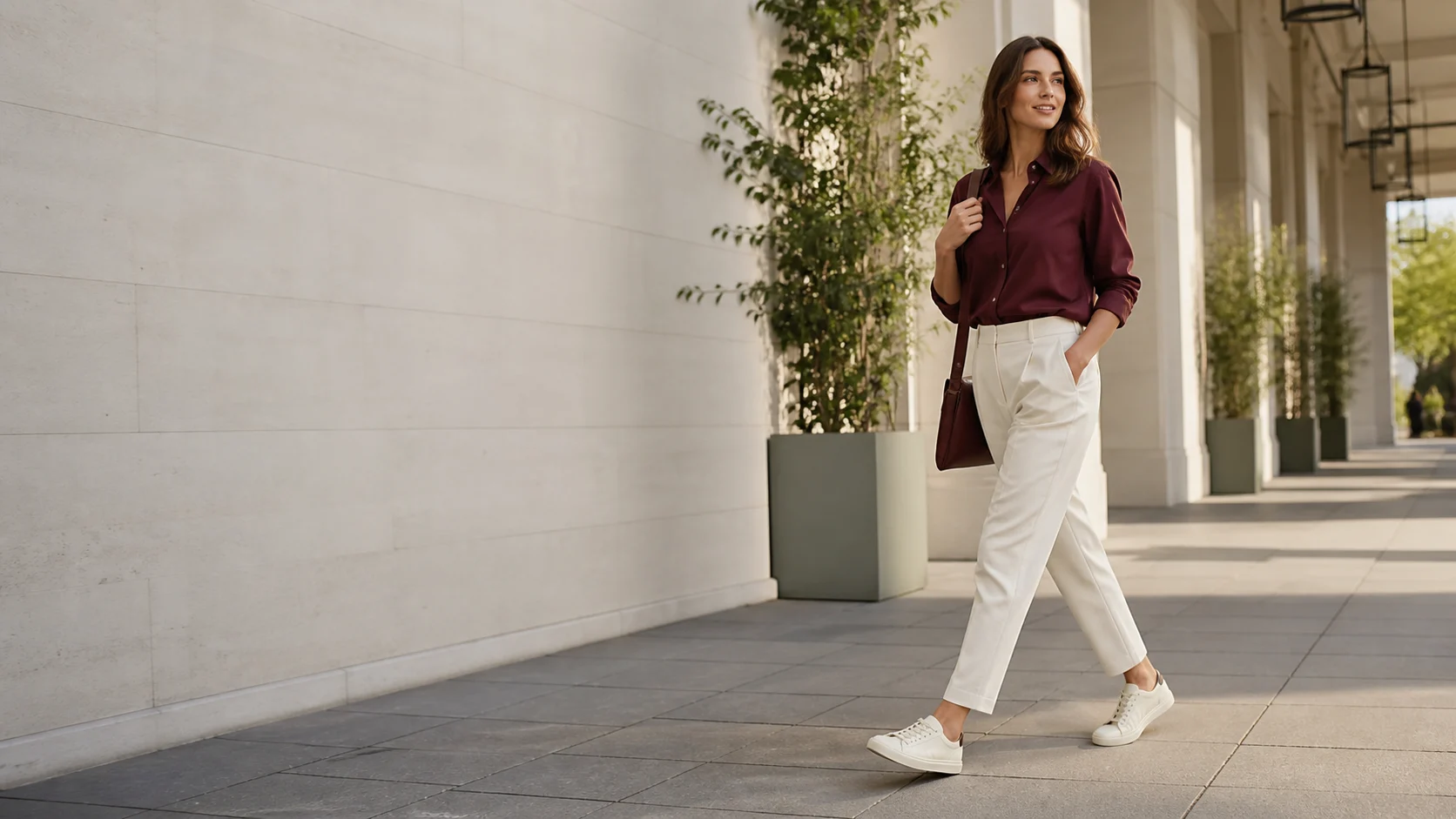 Woman wearing ivory sneakers in a modern city walkway